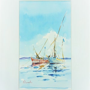 Pittura ad acquerello, Pittura dell'isola della Grecia, Pescatori dell'isola greca, Arte della Grecia, Acquerello originale della Grecia