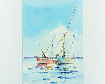 Water color painting, Greece Island Painting , Greek Island Fishermen, Greece art, Original Greece Watercolor