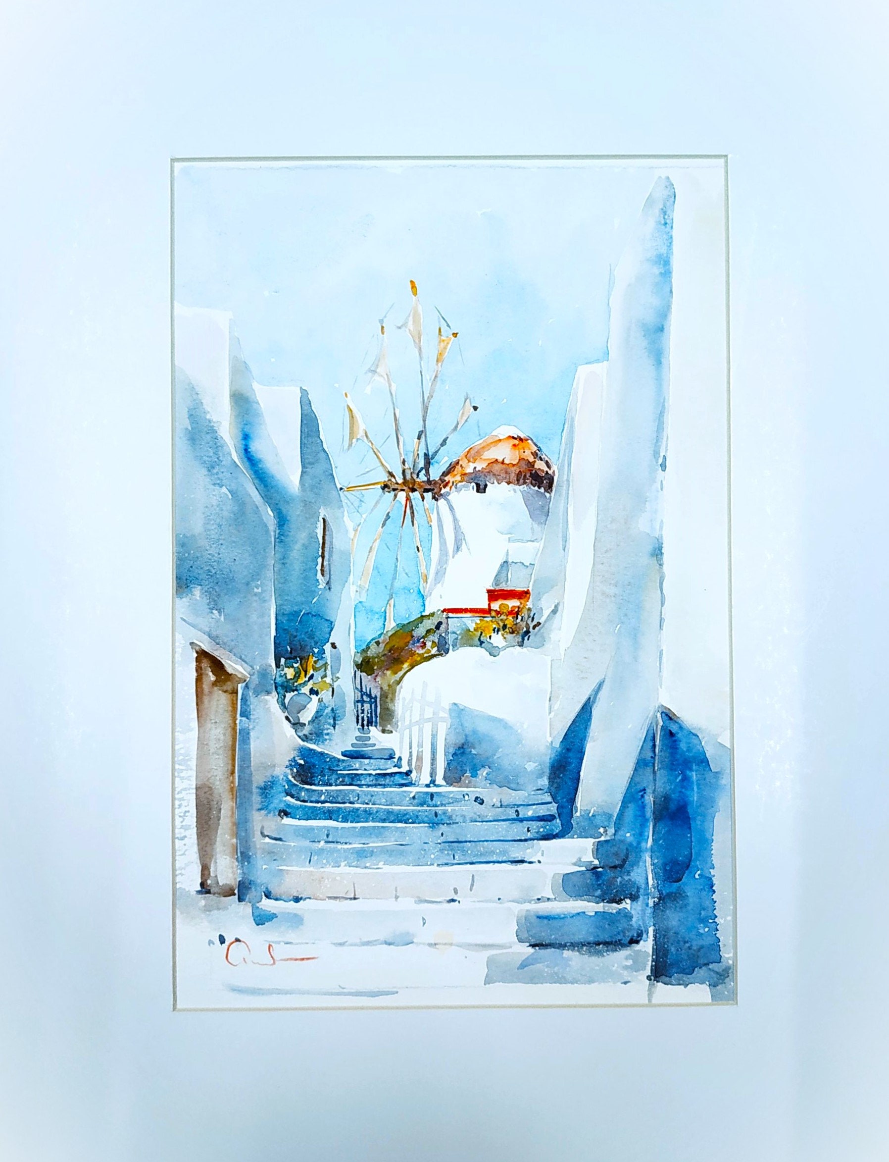 Mykonos painting,Windmill in Mykonos,Watercolor art