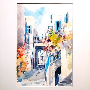 Water color painting,Water color on paper, Santorini island,Greek art Active