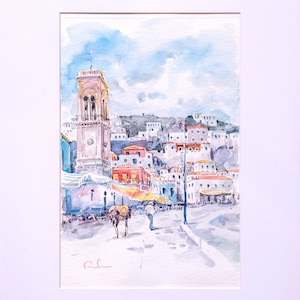 Acquarello,Acquerello su carta, Isola di Idra,Arte greca,Dipinto originale,Torre dell'orologio del porto Idra attiva