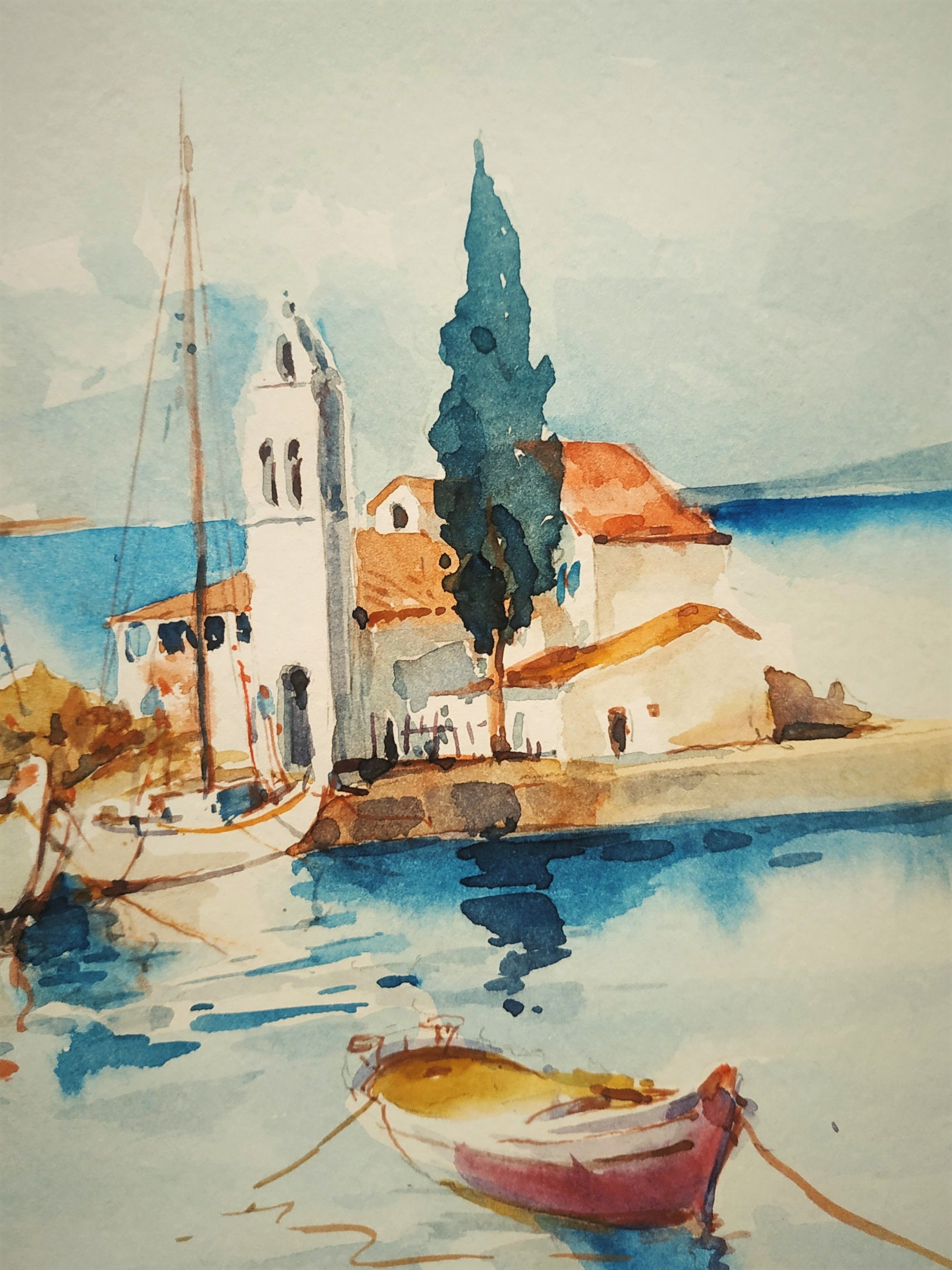 水彩画、紙に描いた水彩画、イドラ島、ギリシャ美術、オリジナル絵画