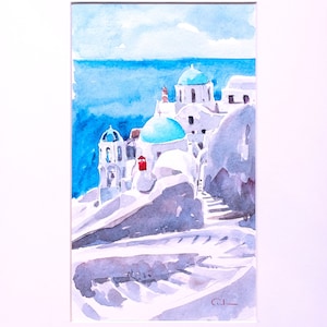 Pittura ad acquerello, pittura dell'isola della Grecia, isola di Grecia di Santorini, arte della Grecia, acquerello originale della Grecia
