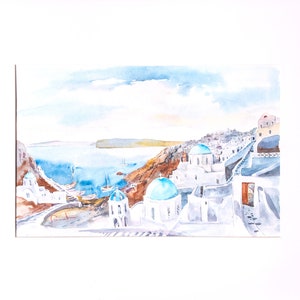 Water color painting,Water color on paper, Santorini island,Greek art
