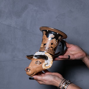 Ram Head Vessel,Greek Rhyton Vessel,Ancient Greek Pottery,Wine Cup,Red-Figure Ram-Head Rhyton,Drinking Vessel,Symposiasts,Pandora,Prometheus