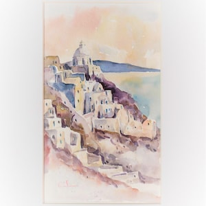 Pittura ad acquerello, Pittura dell'isola della Grecia, Isola della Grecia di Santorini, Arte della Grecia, Acquerello originale della Grecia