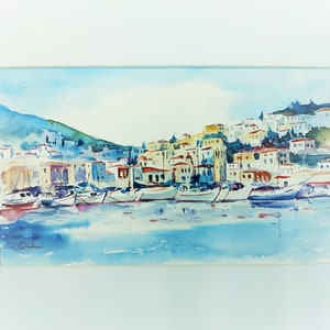 Pittura ad acquerello, arte della parete dell'isola di Grecia, acquerello dell'isola di Idra, arte della Grecia, pittura ad acquerello originale della Grecia