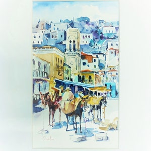 Pittura ad acquerello, Acquerello su carta, Isola di Idra, Arte greca, Pittura originale, Torre dell'orologio del porto Hydra Active