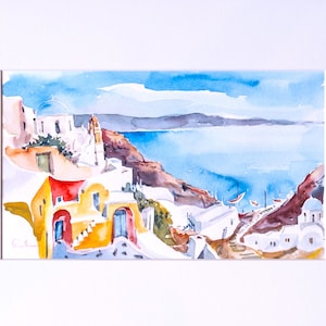 Water color painting, Greece Island Painting , Santorini Greece island, Greece art, Original Greece Watercolor