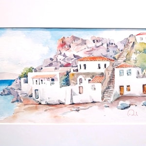 Acquerello, Acquerello su carta, Isola di Hydra, Arte greca, Dipinto originale, Spiaggia di Hydra