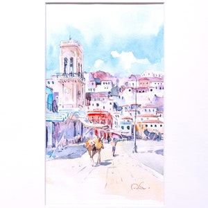 Water color painting,Water color on paper, Hydra island,Greek art,Original Painting,Port Clock Tower Hydra Active
