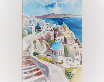 Water color painting,Water color on paper, Santorini island,Greek art