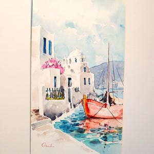 Acquerello, Acquerello su carta, Isola di Hydra, Arte greca, Dipinto originale