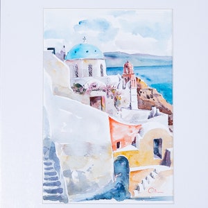 Water color painting,Water color on paper, Santorini island,Greek art,Summer in Greece,Romantic Place,Original Painting