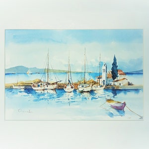 Pittura ad acquerello, Acquerello su carta, Isola di Idra, Arte greca, Pittura originale, Spiaggia di Idra