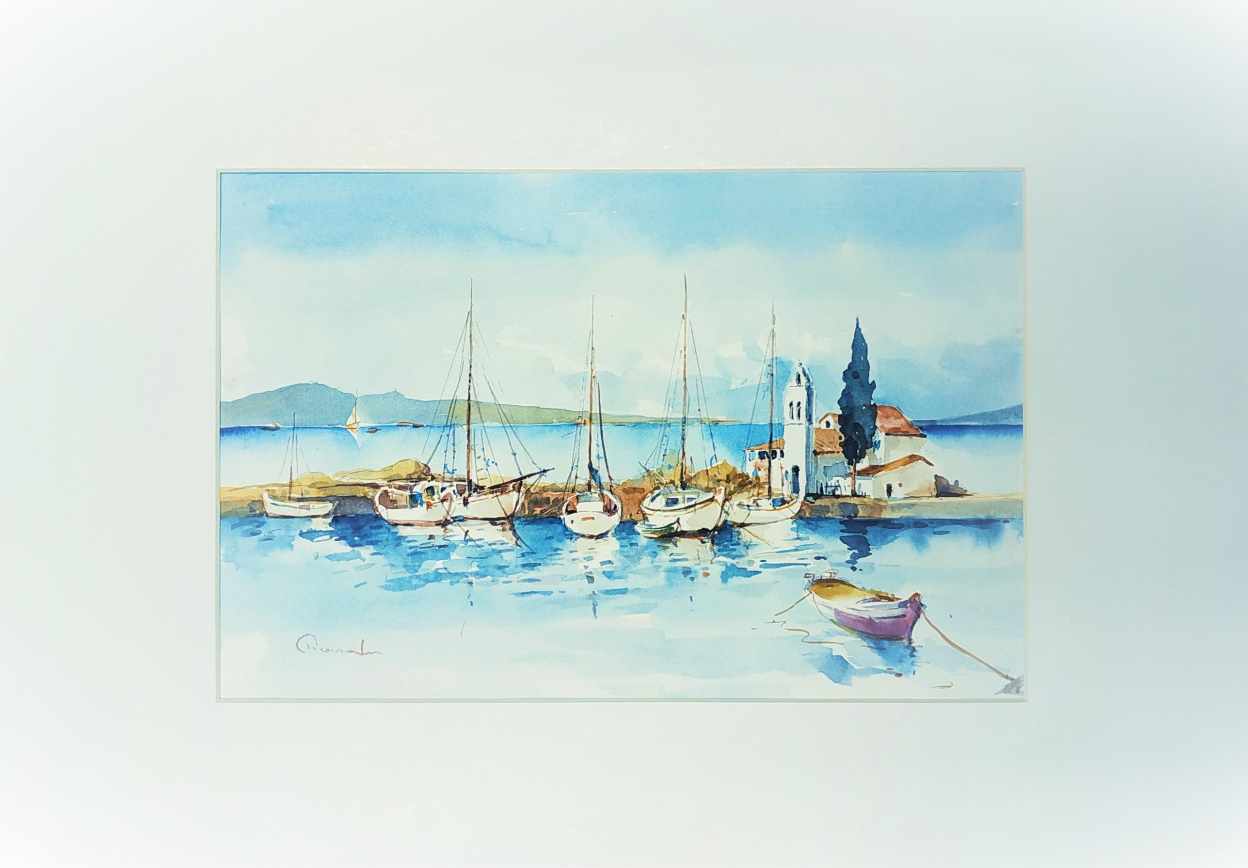 水彩画、紙に描いた水彩画、イドラ島、ギリシャ美術、オリジナル絵画