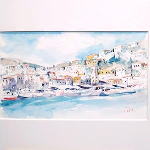Acquerello, Acquerello su carta, Isola di Hydra, Arte greca, Dipinto originale