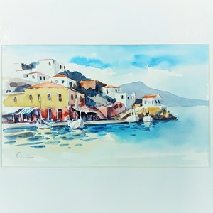 Pittura ad acquerello, arte della parete dell'isola di Grecia, acquerello dell'isola di Idra, arte della Grecia, pittura ad acquerello originale della Grecia