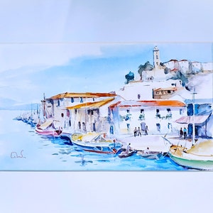 Pittura ad acquerello, Acquerello su carta, Isola di Idra, Arte greca, Pittura originale, Torre dell'orologio del porto Idra