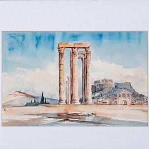 Temple Of Zeus,Arch Of Hadrian,Acropolis Watercolor,Athens Greece  painting,Water Color Art