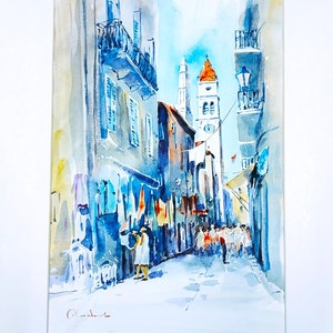 Pittura ad acquerello, Acquerello su carta, Isola di Idra, Arte greca, Pittura originale, Torre dell'orologio del porto Hydra Active