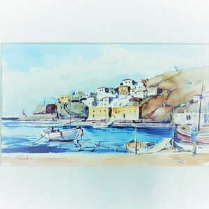 Pittura ad acquerello, Acquerello su carta, Isola di Idra, Arte greca, Pittura originale, Spiaggia di Idra
