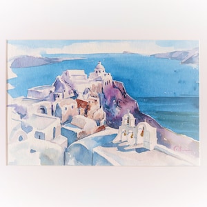 Water color painting,Water color on paper, Santorini island,Greek art