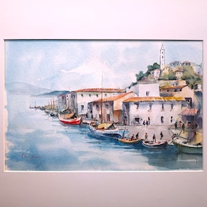 Water color painting,Water color on paper, Hydra island,Greek art,Original Painting,Port Clock Tower Hydra Active