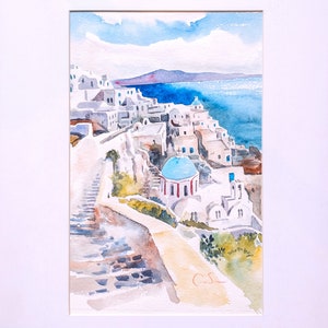 Water color painting, Greece Island Painting , Santorini Greece island, Greece art, Original Greece Watercolor