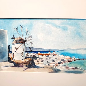 Water color painting, Greece Island Painting , Santorini Greece island, Greece art, Original Greece Watercolor,