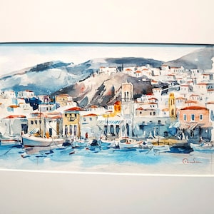 Water color painting,Water color on paper, Hydra island,Greek art,Original Painting,Port Clock Tower Hydra Active