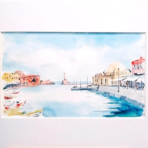 Acquerello, Acquerello su carta, Isola di Hydra, Arte greca, Dipinto originale,