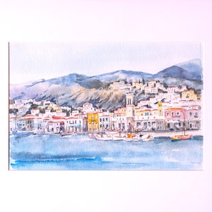 Water color painting,Water color on paper, Hydra island,Greek art,Original Painting,Port Clock Tower Hydra Active