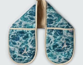 Swittle Oven Gloves | Ocean wave pattern on kitchen mitts for coastal interior, ideal gift for baker, mothers day, cook