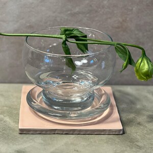 May include: A clear glass bowl with a rounded base and a green flower stem resting inside. The bowl sits on a square, light pink tile with a clear glass coaster. The background is a neutral gray.