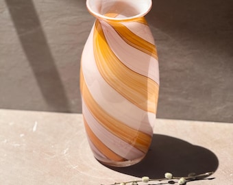 Vintage Art Hand Blown Layer Glass Super Groovy Art Vase, midcentury modern stripe vase, pink and orange glass vase , Large , Gift @baZeret