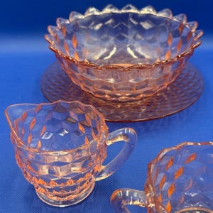 Vintage midcentury modern pressed glass set / pink blush glass / Fostoria American Pink Creamer / Stack Cube Motif / dinnerware set @baZeret