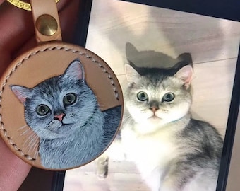 Personalized Genuine Leather Keychain - Cat and Dog Portrait Hand-Drawn with Pet Name Embossing