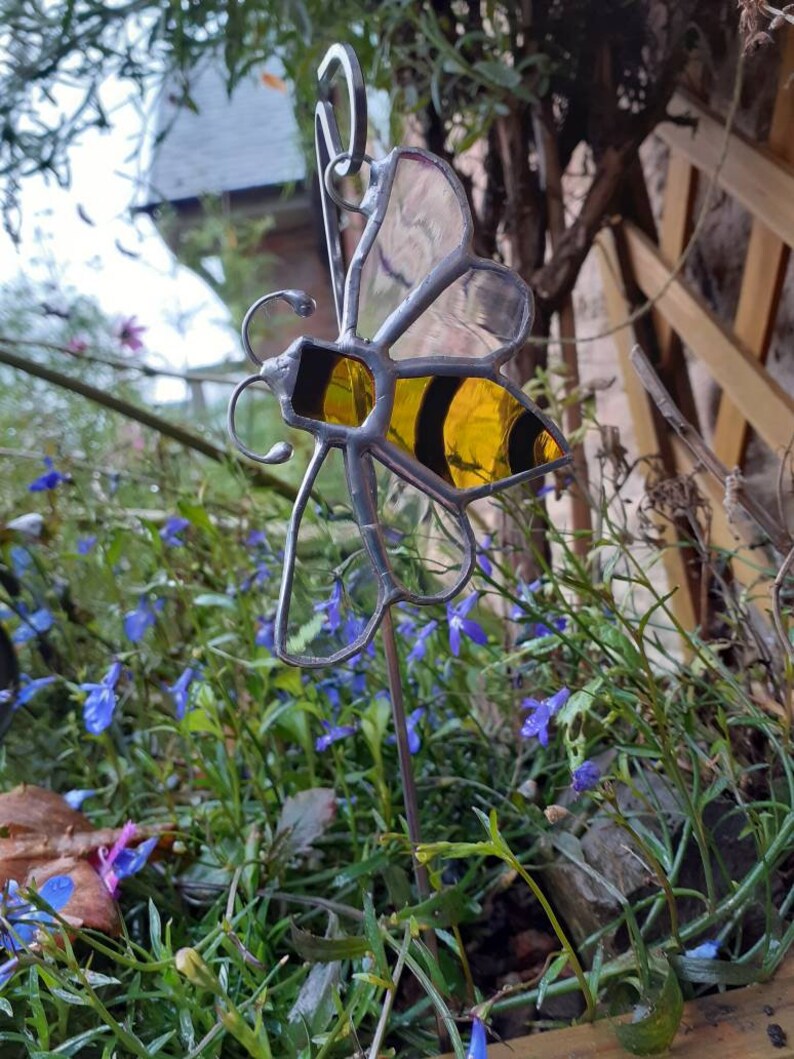 Stained Glass Bee Plant Stake Suncatcher or Plant Pot Art Etsy UK