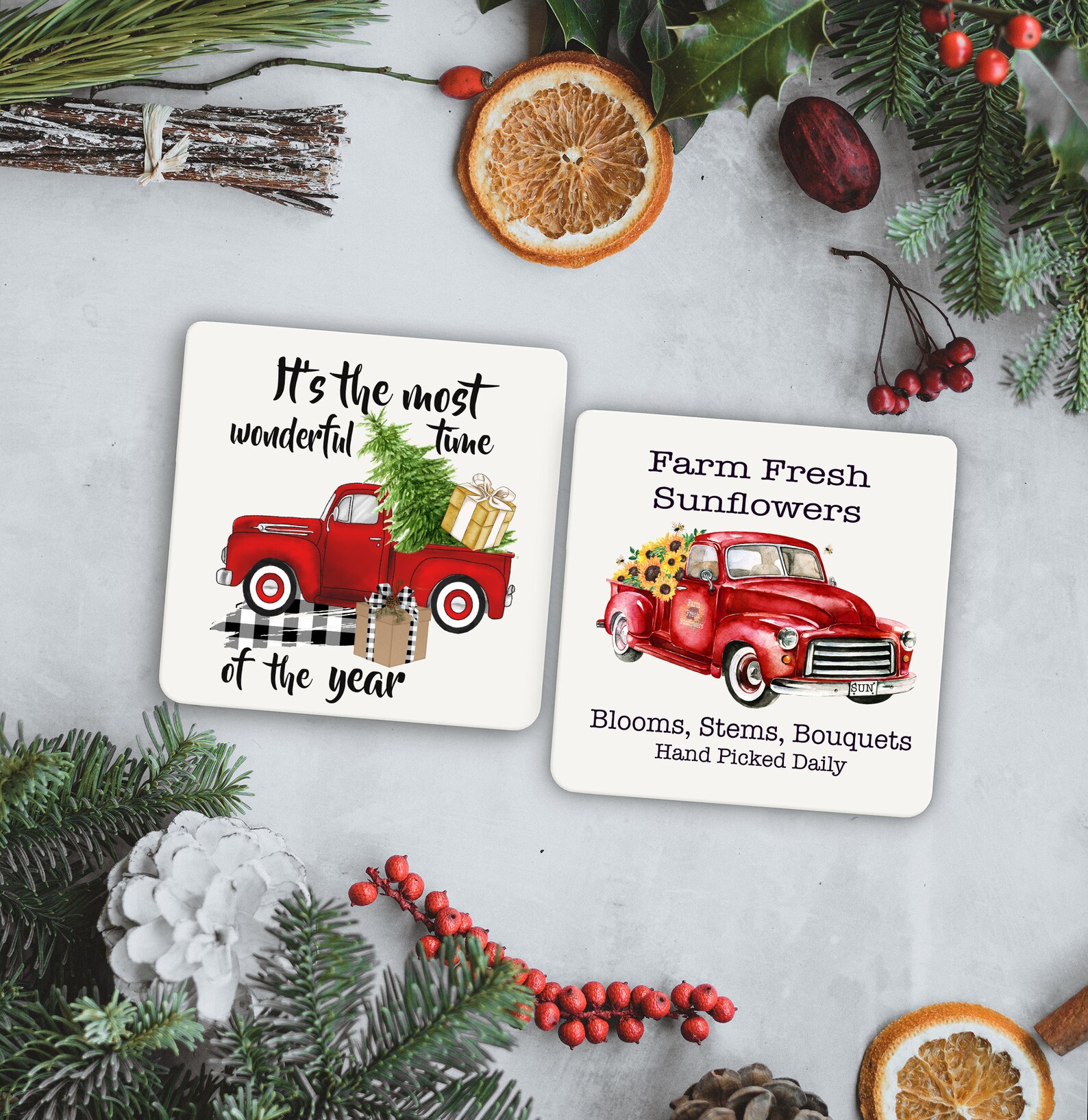 Holiday Tile Coaster Seasonal Coasters Red Truck Christmas Etsy