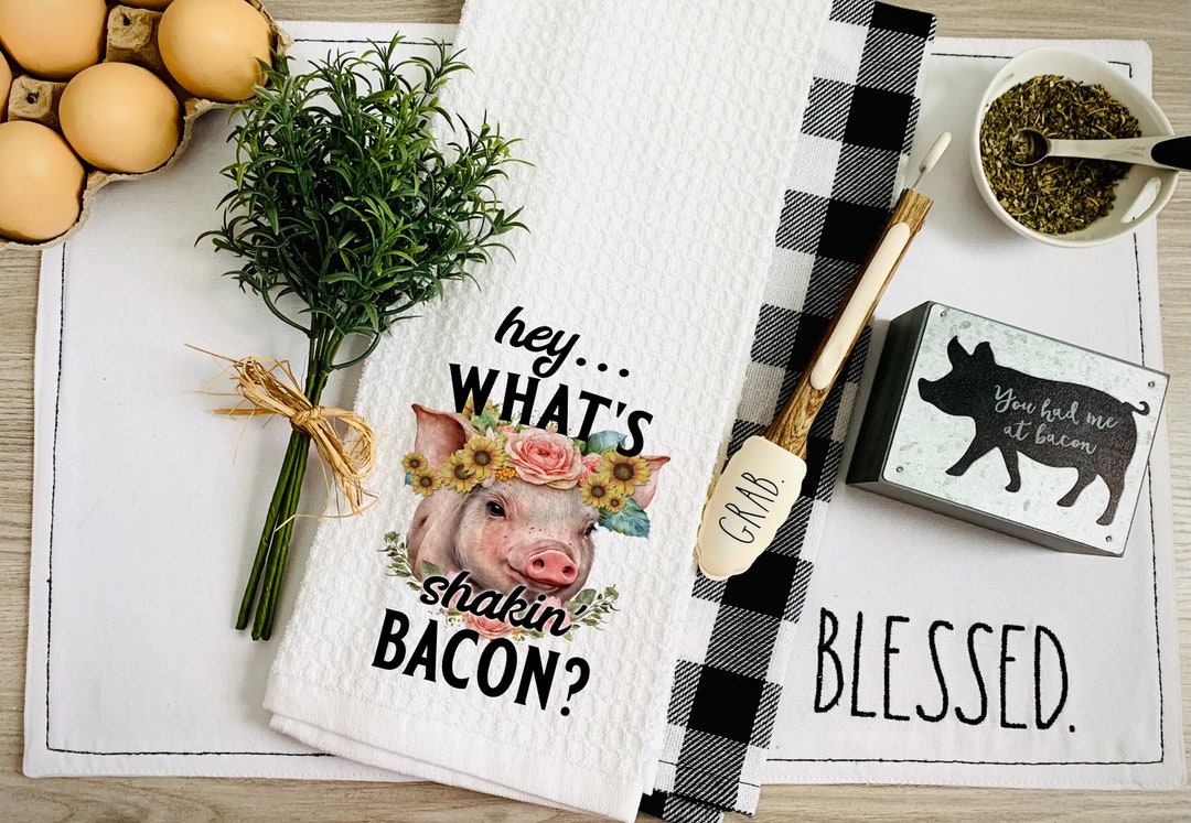 Pig Kitchen Towel / Waffle Towel / What's Shaken Bacon Pig Kitchen