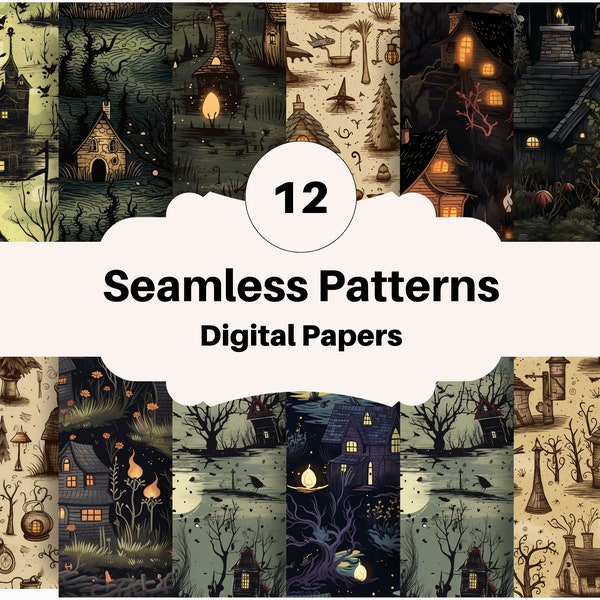Witch Cottage 300dpi Textures, 12 x 12" Vintage Halloween Seamless Patterns, Gothic Witch Digital Paper, Sublimation for Commercial Use