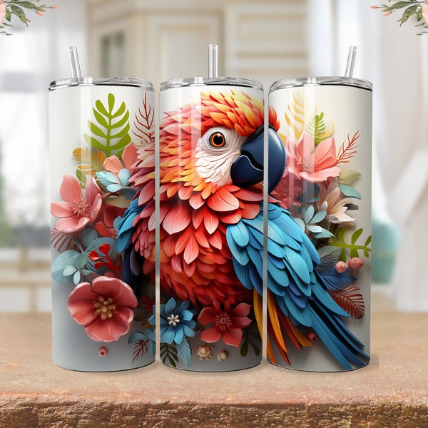 3D Parrot with Vibrant Colors Tumbler Wrap, 300dpi, 20oz Skinny Tumbler Sublimation Design, Digital File, Straight & Tapered PNG