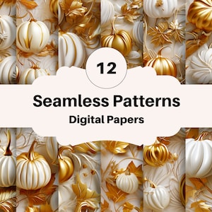 White Metallic Pumpkin With Gold Leaves - 12 High Quality Digital Paper, Seamless Pattern, 300dpi, 12 x 12&quot; Digital File, Floral Sublimation