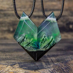 for women and men, couples necklaces, northern lights, mountain necklace, unique gift, birthday gift, gift for her, wood resin pendant