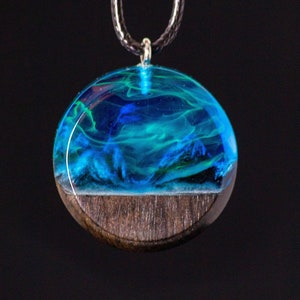 mountain necklace, wood resin pendant, perfect gift for her, for women and men, northern lights, glow in the dark, personalized pendant