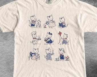 Maglietta vintage con tatuaggio di gatto anni '90, maglietta carina con gattino retrò, regalo per gli amanti dei gatti, maglietta grafica unisex per adulti rilassata con gatti che giocano, maglietta divertente e strana
