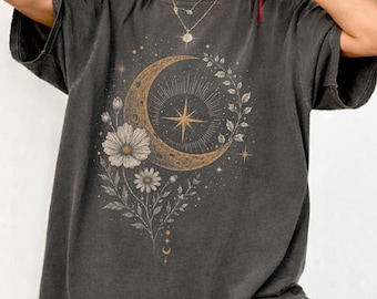 Boho Floral Moon Shirt, Comfort Colors Womens Floral Vintage Graphic Shirt