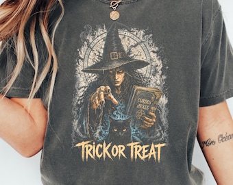 Gothic Trick Or Treat Halloween Witch Shirt, Vintage Spooky Season Witch Graphic Shirt, Black Cat Witch Shirt, Vintage Horror Graphic Tee
