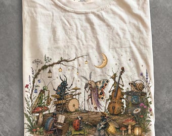 Vintage T-shirt met insectenprint, Comfort Colors T-shirt met muzikanten en insecten, T-shirt voor insectenliefhebbers uit de jaren 90